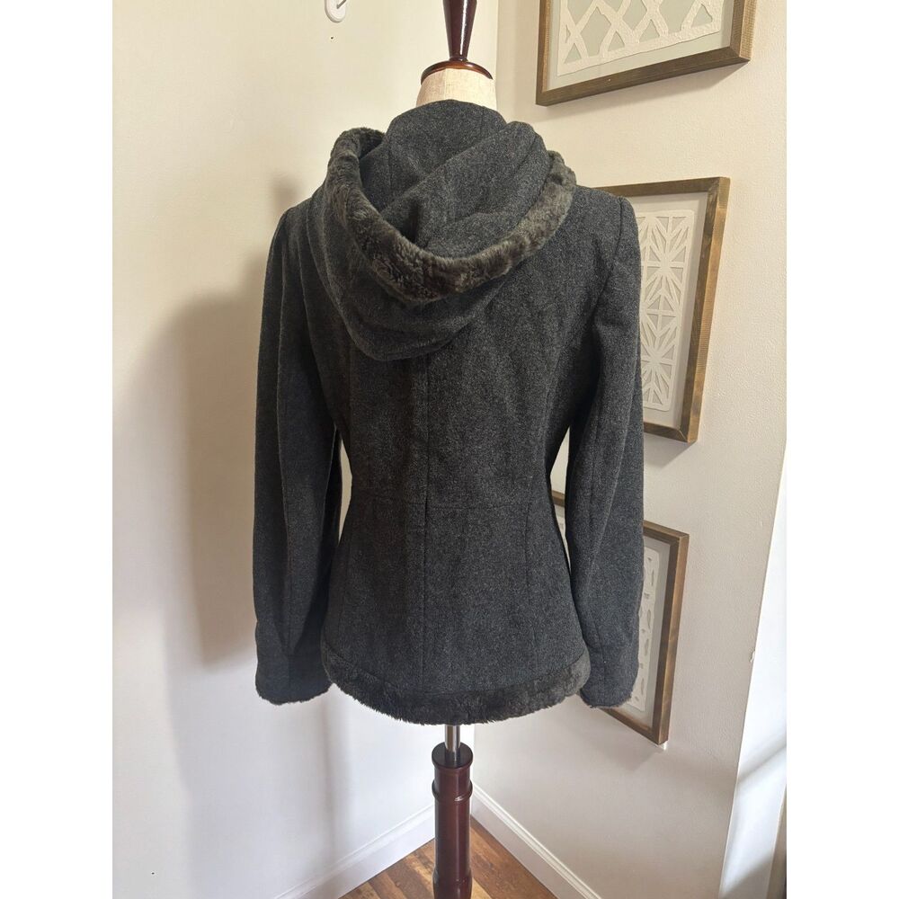 VTG Esprit Wool Coat Faux‎ Fur Trim Hooded Jacket Embroidered Dark Cottage Small - Picture 7 of 9
